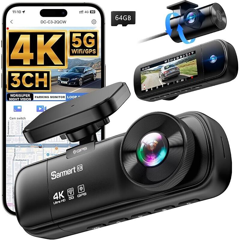 SARMERT C3 4K WiFi GPS Dash Cam with 1080p Rear & Cabin Cameras - Ultimate Driving Safety