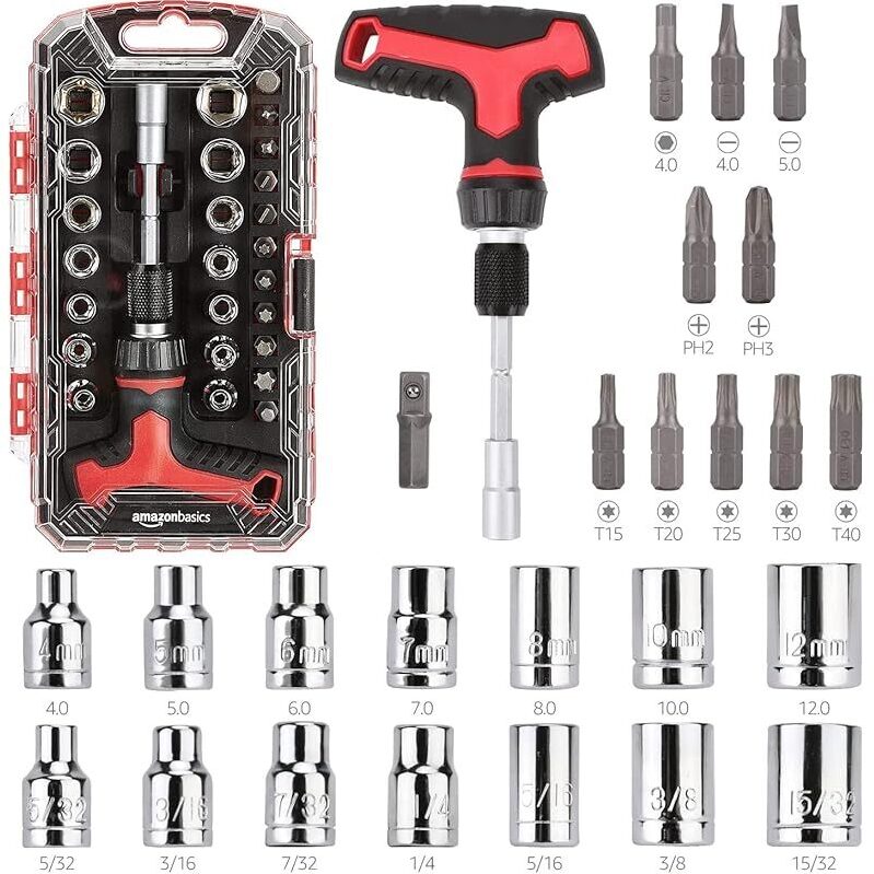 Amazon Basics 27-Pcs Magnetic T-Handle Ratchet Wrench & Screwdriver Set