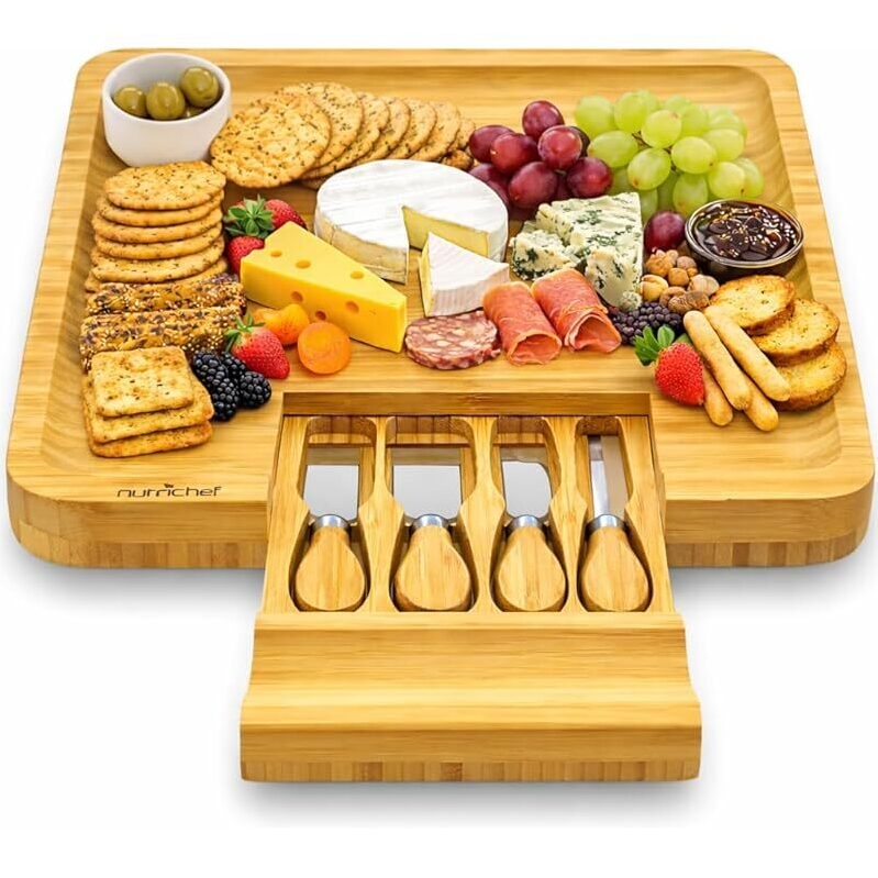 NutriChef 13in Square Bamboo Natural Cheese Board w/4pcs Knife Slicer