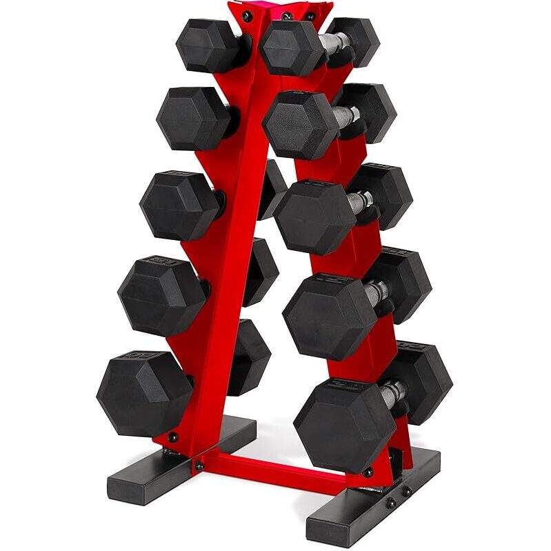 150-lb Coated Hex Dumbbell Weight Set with Vertical Rack