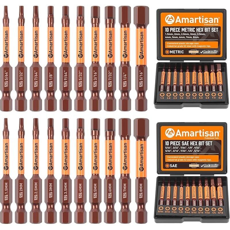 Amartisan 20-Piece Hex Head Allen Wrench Drill Bit Set - High Quality S2 Alloy Steel