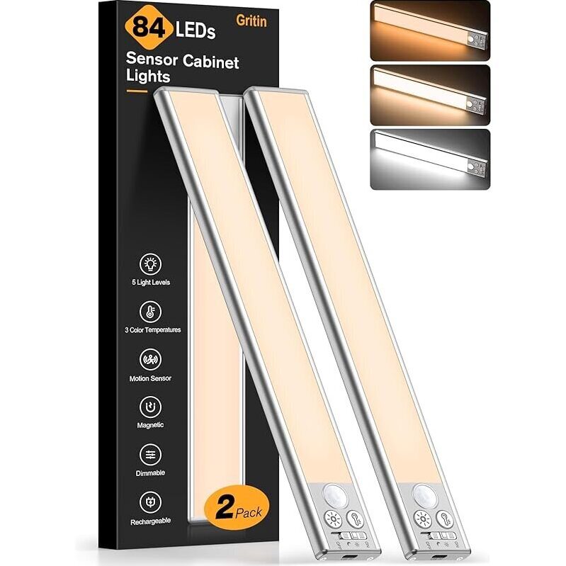 Gritin 2-Pack 10.2-inch Under Cabinet Lighting Rechargeable - Smart, Efficient, and Cost-Effective