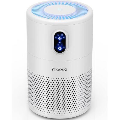 MOOKA B-D02L Air Purifier for Home – True HEPA Filter, Covers Up to 1076 ft², Quiet Sleep Mode, Timer, Night Light, 3-Layer Filtration for Smoke, Odor, Dust & Pet Dander, White