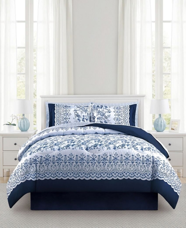 Elegant Blue and White Reversible Comforter Set - Timeless Romance
