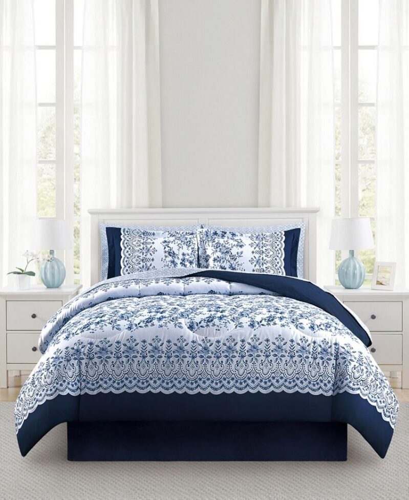 Elegant Blue and White Reversible Comforter Set - Timeless Romance