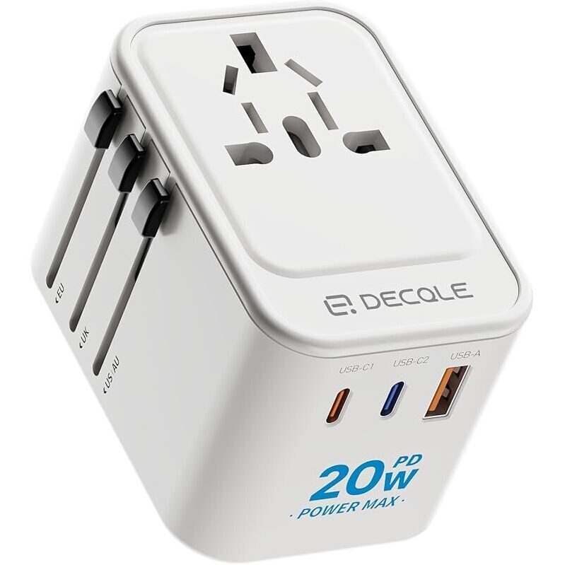 Decqle Universal Travel Adapter with 2 USB-C & 1 USB-A Ports