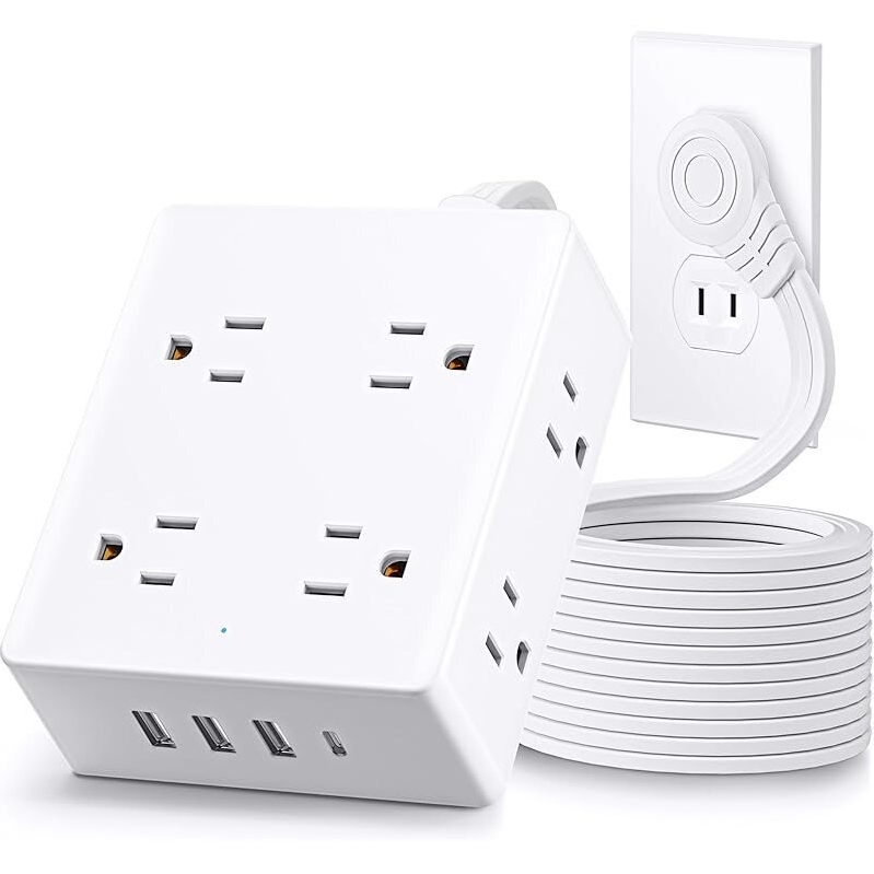 Olcorife 2 Prong to 3 Prong Outlet Adapter: 8 Outlets, 3 USB-A, 1 USB-C, 5ft Extension Cord