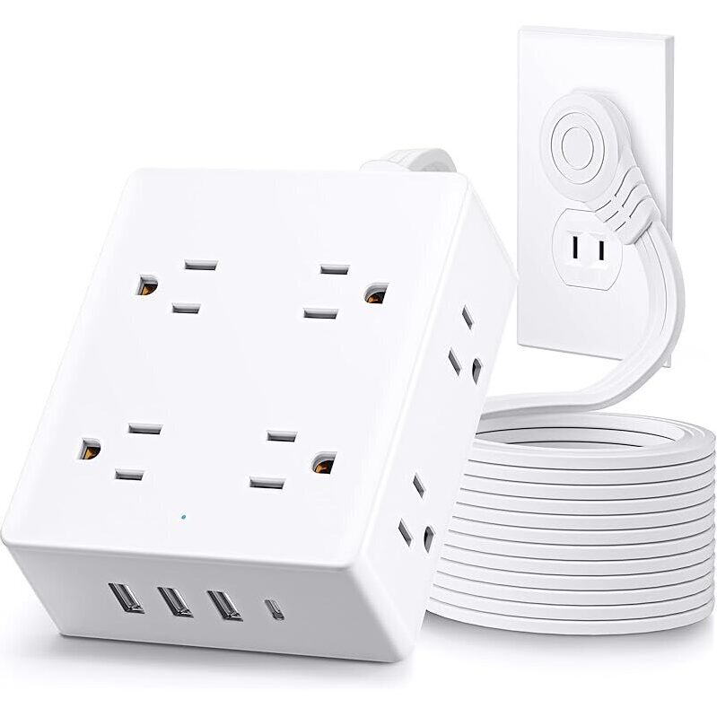 Olcorife 2 Prong to 3 Prong Outlet Adapter: 8 Outlets, 3 USB-A, 1 USB-C, 5ft Extension Cord