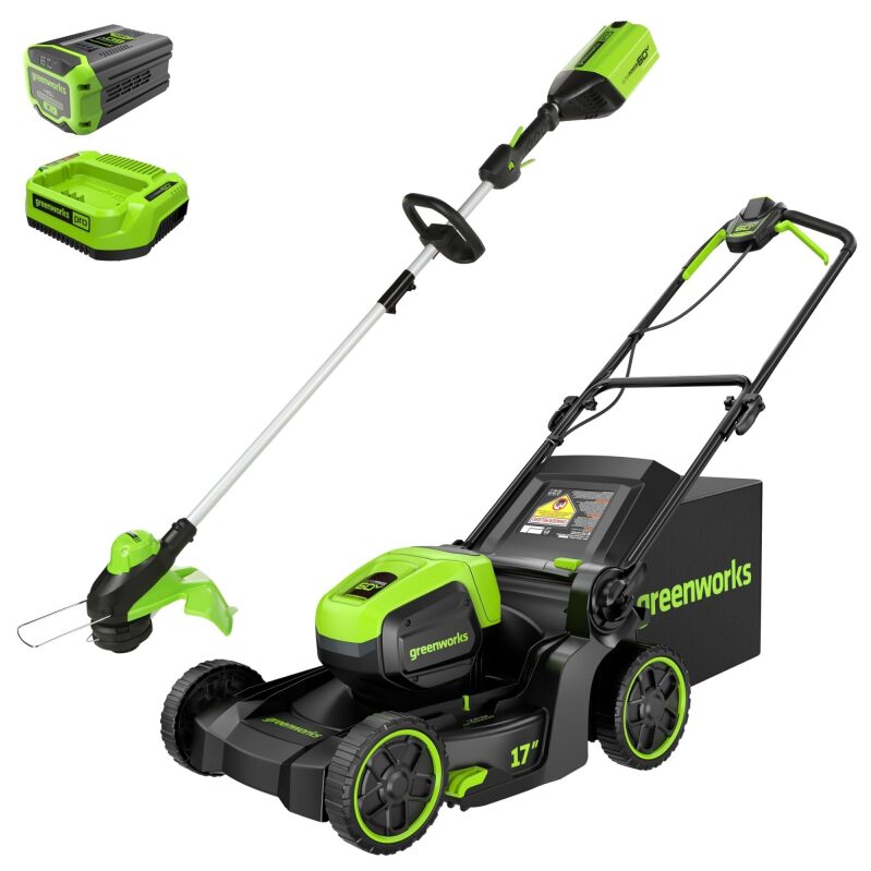 Greenworks 60V 17-inch Brushless Push Mower + 60V 13-inch String Trimmer