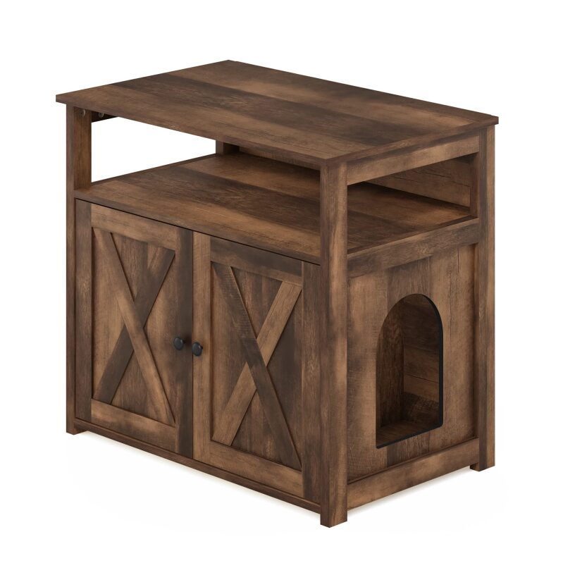 Furinno Peli Farmhouse Cat Litter Cabinet Storage w/2 Doors - Stylish and Functional Pet Furniture