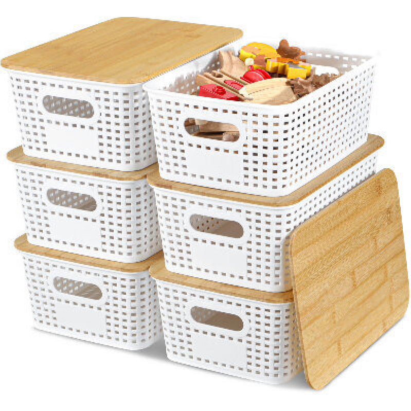 EOENVIVS Bamboo Lid Plastic Storage Baskets - 6 Pack
