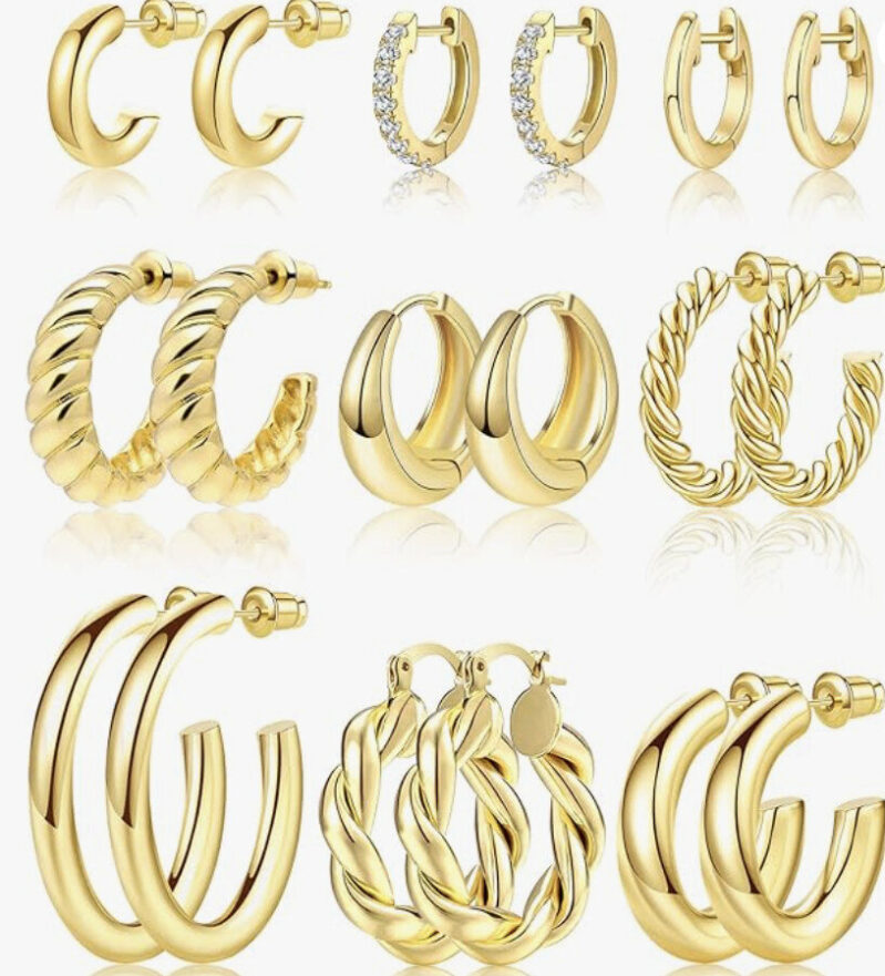 Stylish Gold-Plated Earrings Set - 9 Pairs at $6.99