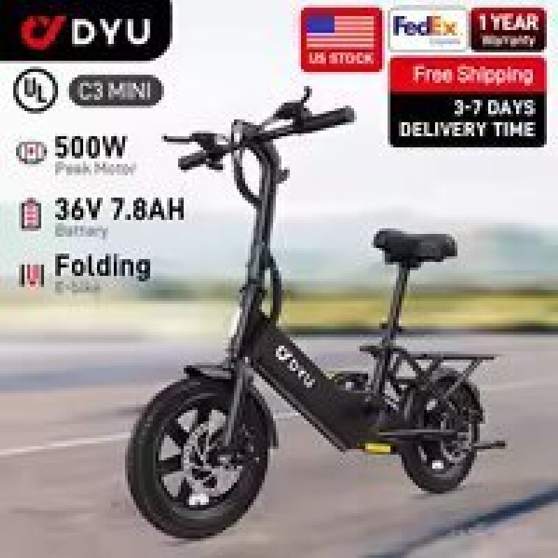 Compact DYU C3 Folding Electric Bike - 14-Inch E-Bike with 500W Motor
