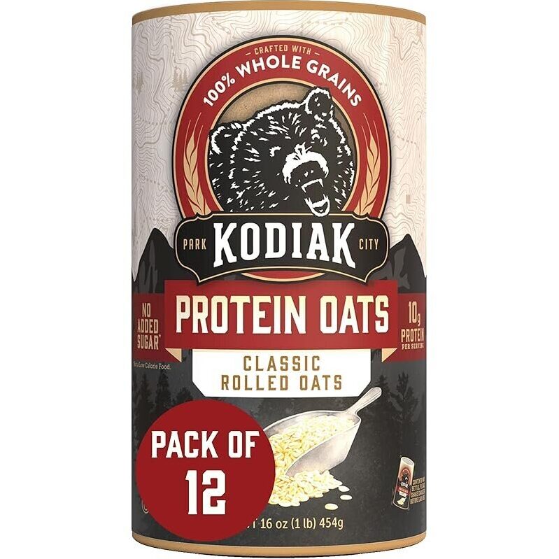 12-Pack Kodiak Cakes Protein Oats - Classic Rolled Oats, 16oz Canisters
