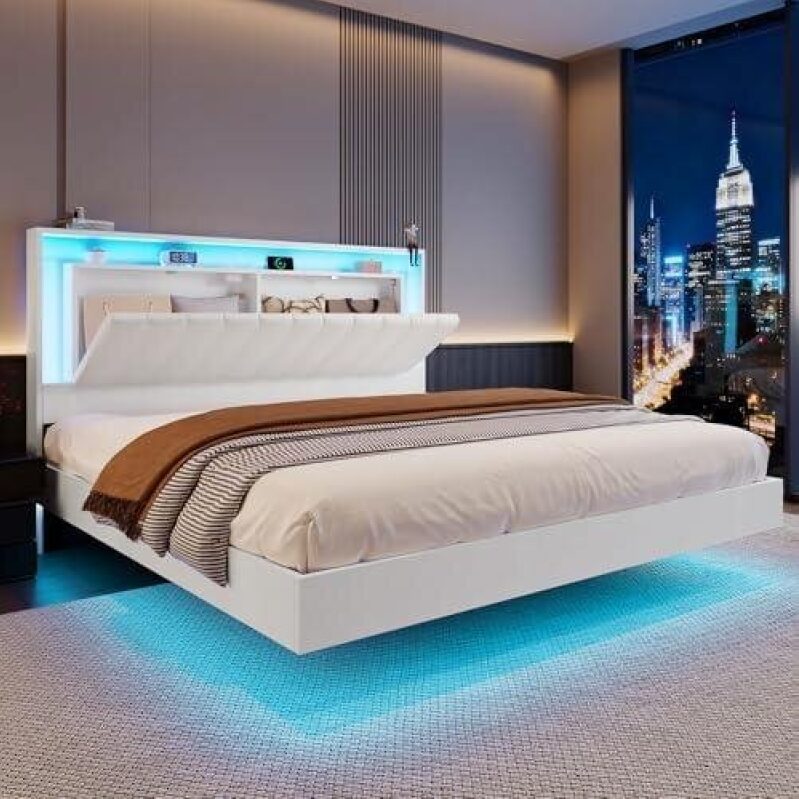 Floating Queen Bed Frame with LED Lights & Charging Station - 51% Off