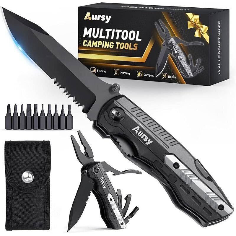 Aursy 13-in-1 Multitool Pocket Knife: Premium Stainless Steel, Perfect for Camping, Fishing, and Hunting