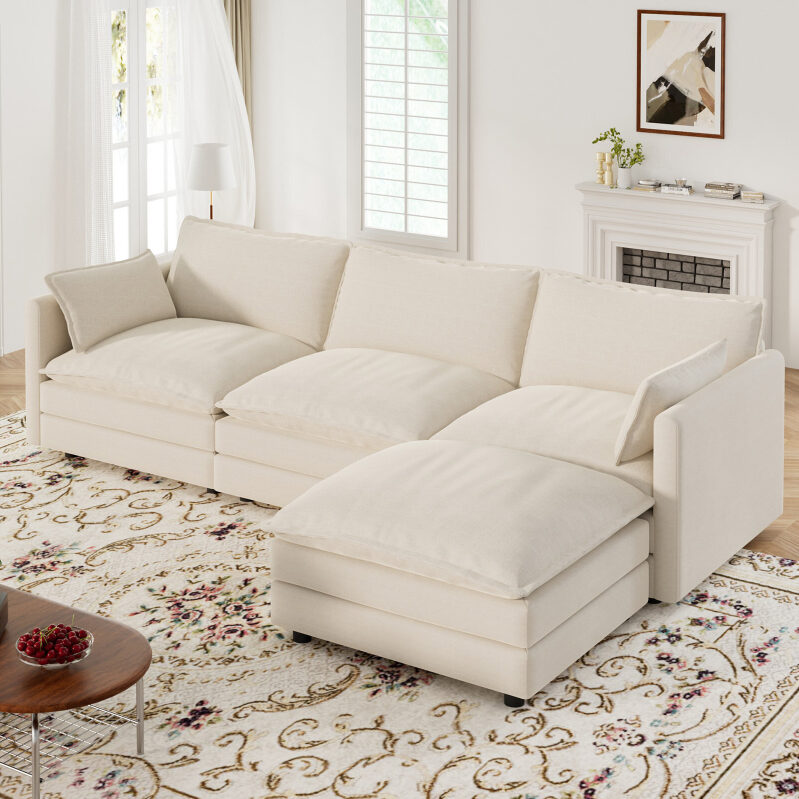 Muumblus L-Shaped Chenille Sectional Sofa with Cloud Couch and Ottoman