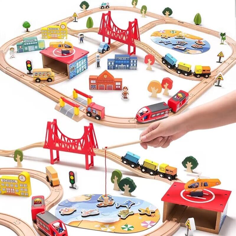 TradeWings 118pc Wooden City Railway Playset w/Train & Fishing Game