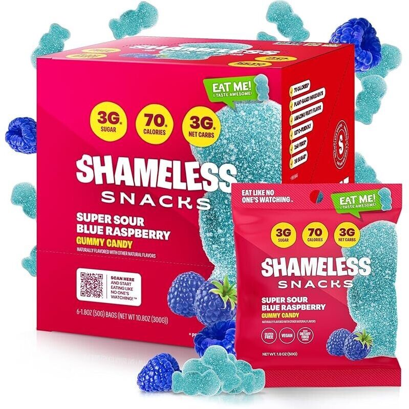 Shameless Snacks Super Sour Blue Raspberry Gummy Candy - Low Calorie, Healthy Snack