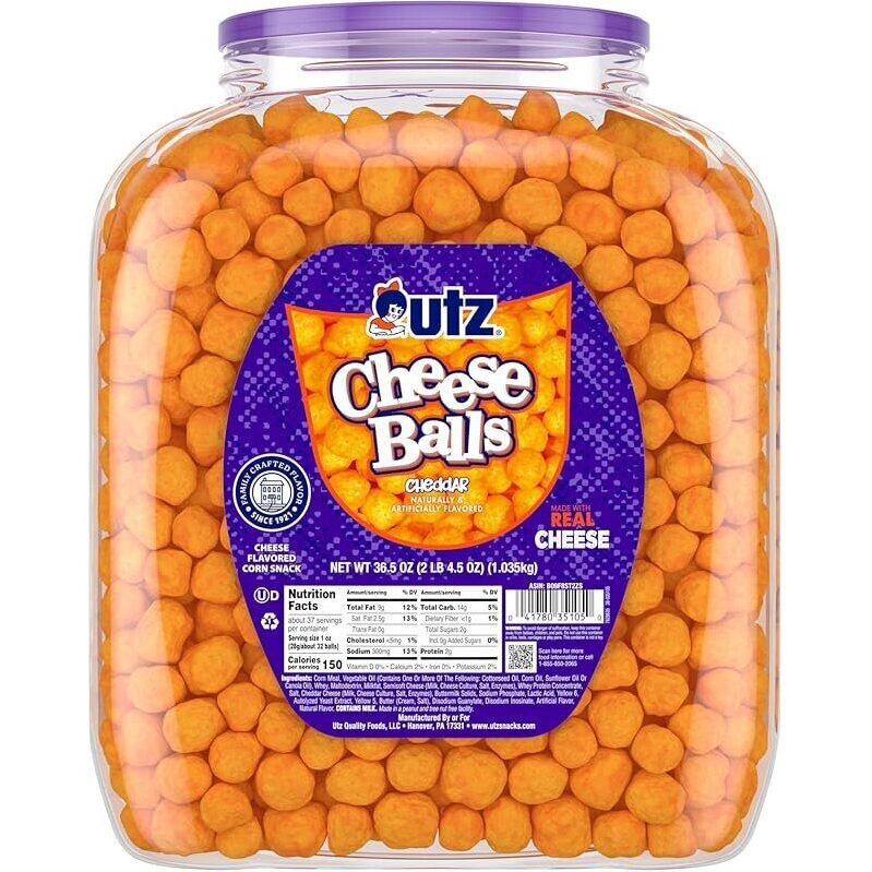 Utz Cheese Balls Barrel - Real Cheddar Flavor, 36.5oz