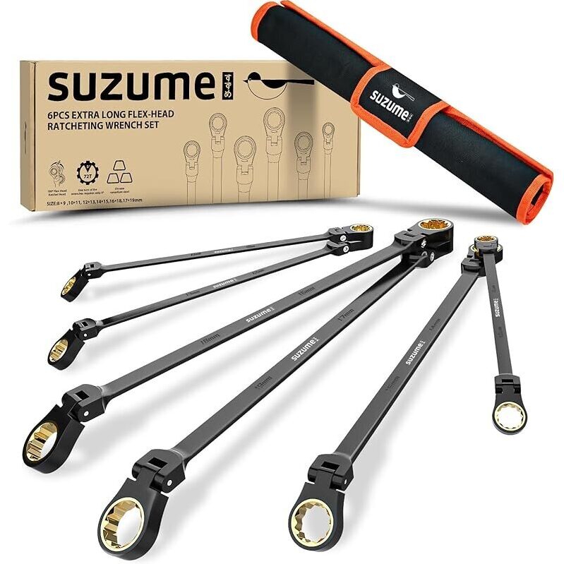 SUZUME Extra Long Flex Head Ratcheting Wrench Set 6pcs - Ultimate Toolset for Precision Tasks