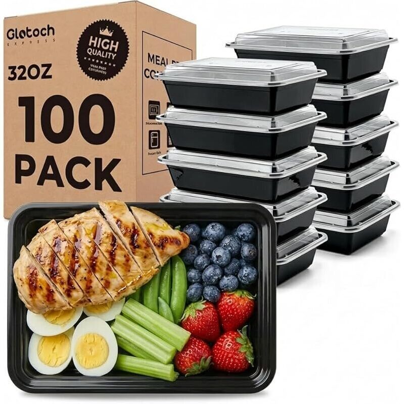 100-Pack Meal Prep Containers 32oz, 1-Compartment, High-Quality with Lids