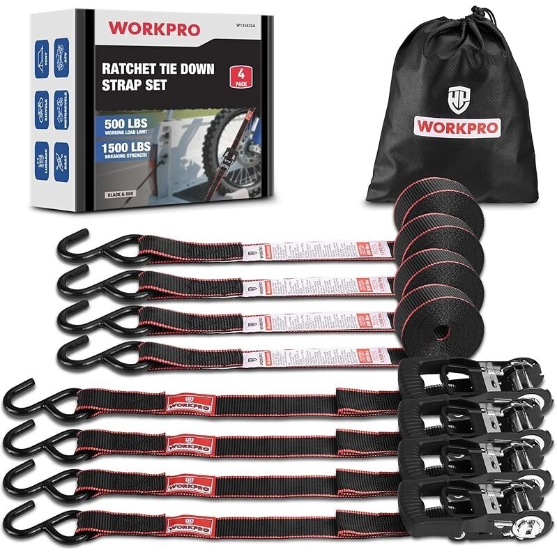 4-Pack WORKPRO Heavy Duty Ratchet Tie Down Straps - Reliable Transport Solution