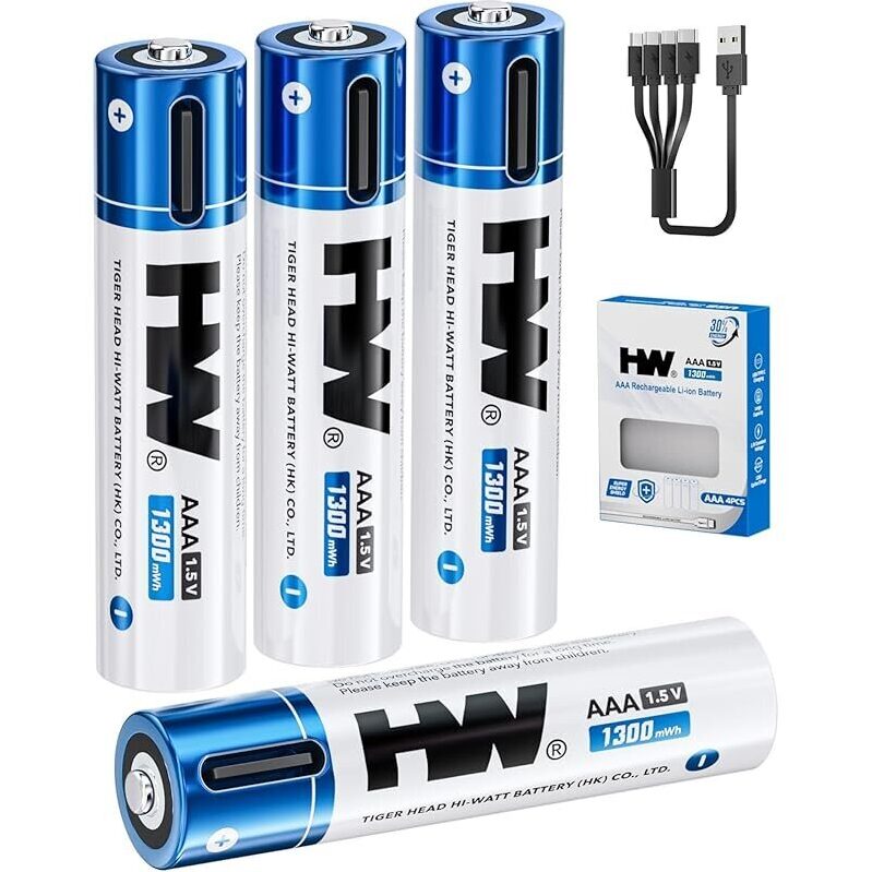 4-Pack USB Rechargeable AAA Batteries 1.5V with Type C Cable