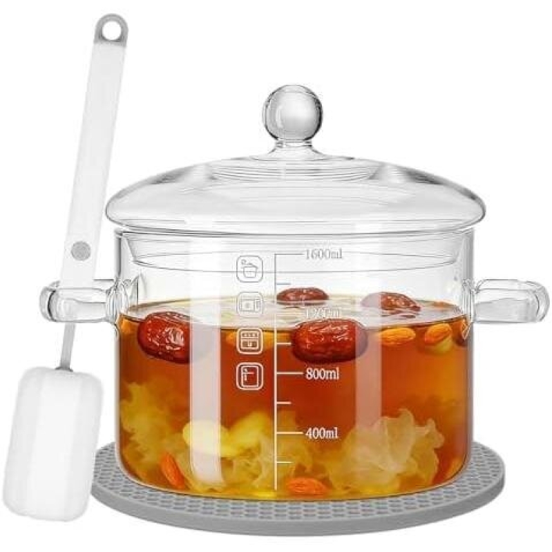 Durable Heat-Resistant Glass Stew Pot - 1.6L with Lid, Brush Mat, and Anti-Scald Handle