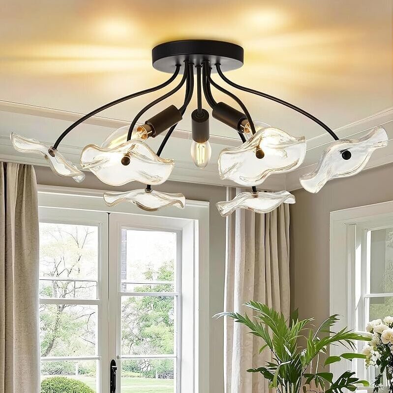 Elegant Black Flush Mount Ceiling Light with Floral Glass Shades