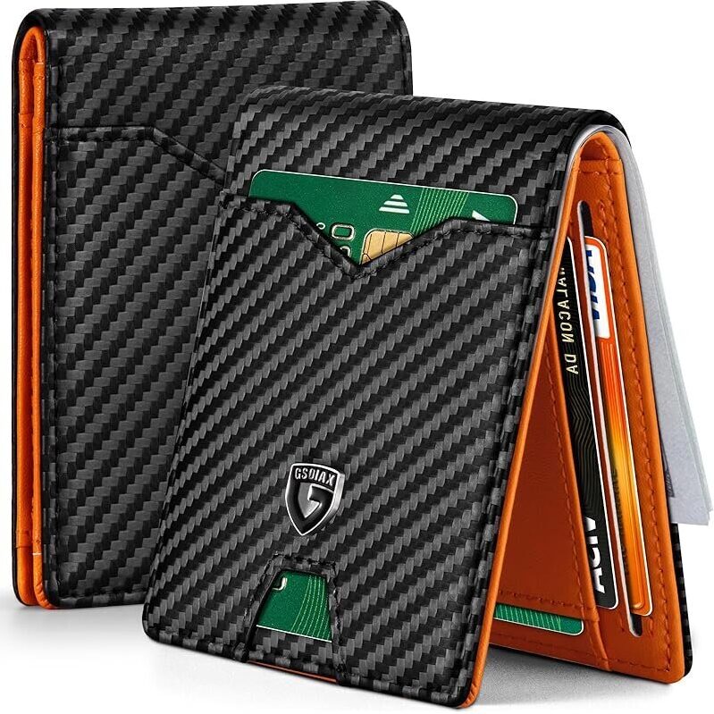 RFID Blocking Bifold Slim Wallet - Carbon Black & Orange
