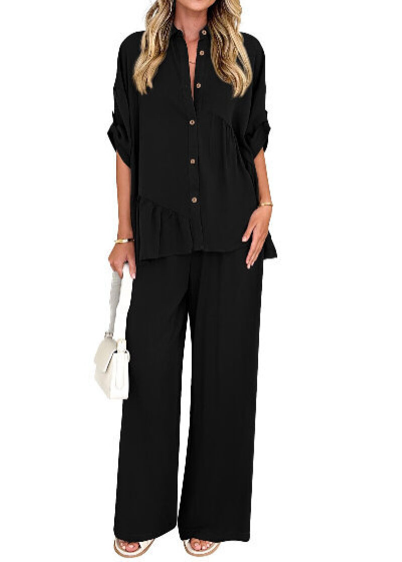 Elegant Black Two-Piece Set: Blouse & Wide-Leg Pants