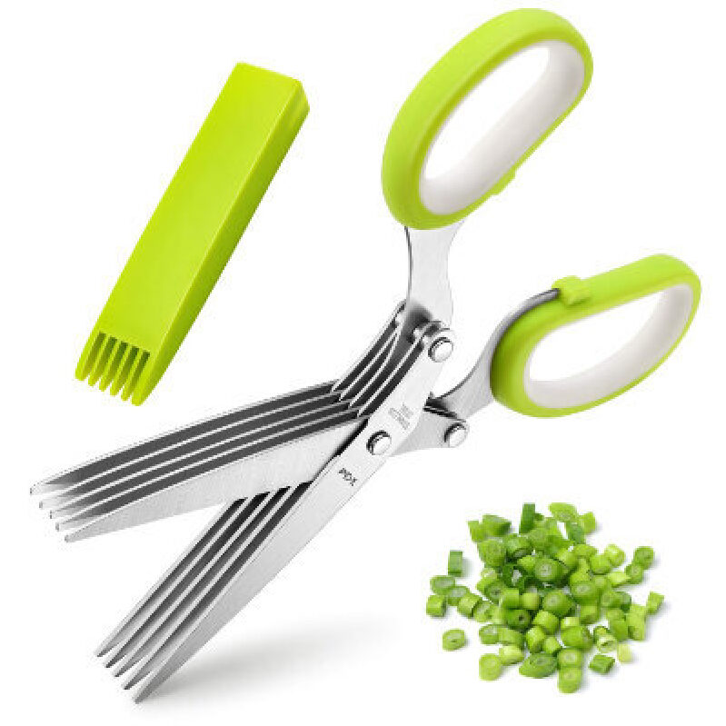 5 Blades Kitchen Scissors with Green Handles - Efficient Chopping Tool