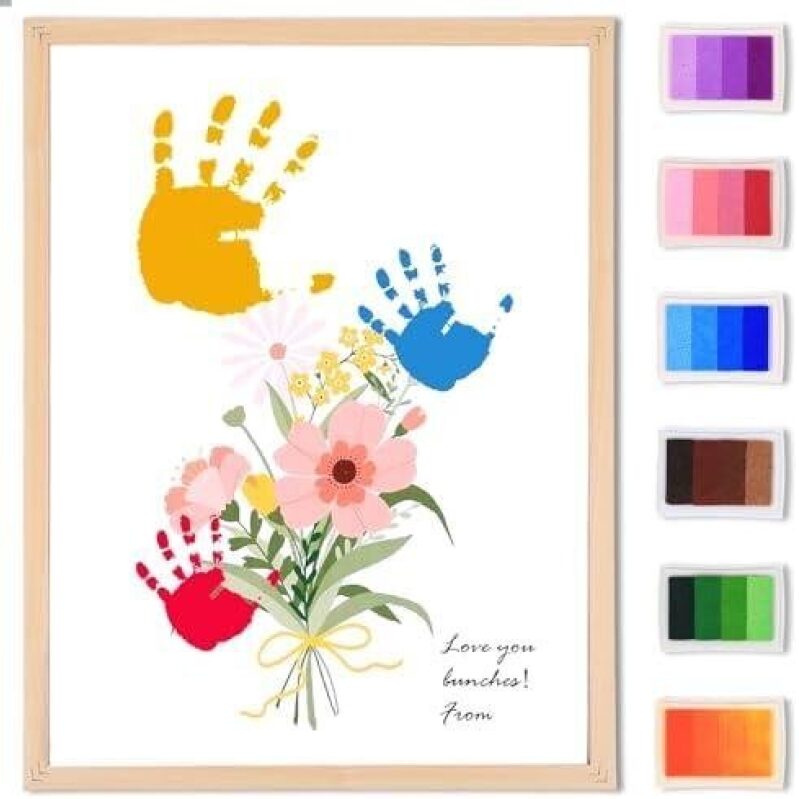 Handprint Flower Art DIY Kit - 6 Non-toxic Ink Colors with Wooden Frame