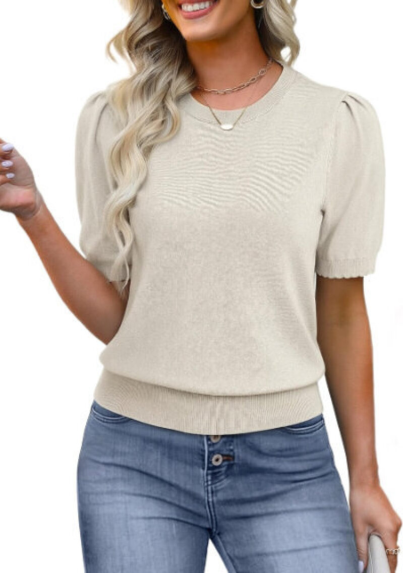 Elegant Beige Short-Sleeve Knit Top by GRACE KARIN