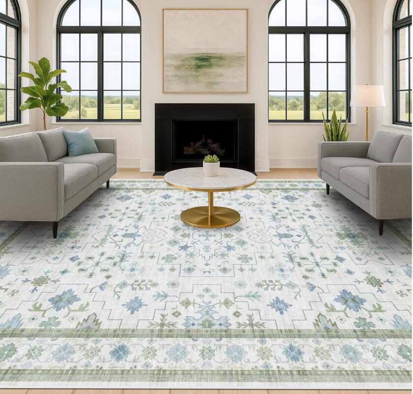 Hazo Haus Oriental Geometric Green Living Room Rug, 9x12 ft, Machine Washable, Non-Slip Soft Faux Wool