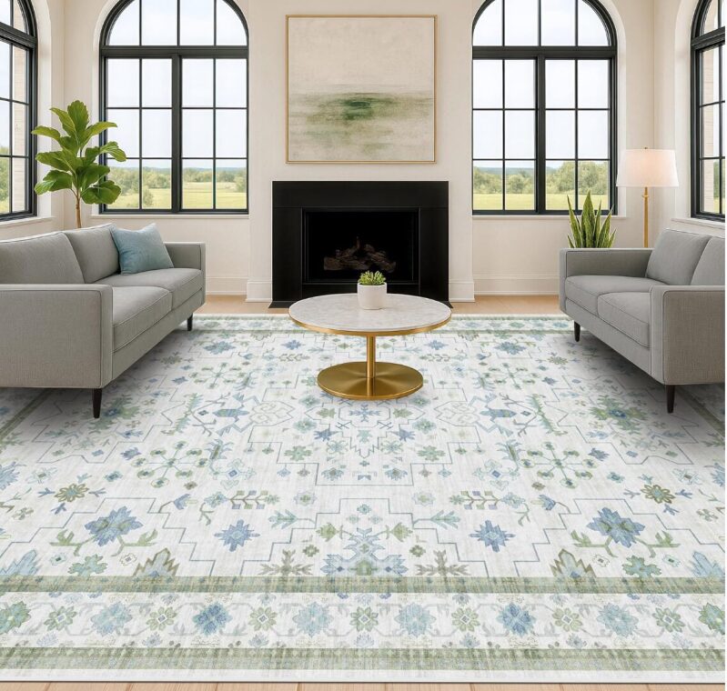 Hazo Haus Oriental Geometric Green Living Room Rug, 9x12 ft, Machine Washable, Non-Slip Soft Faux Wool
