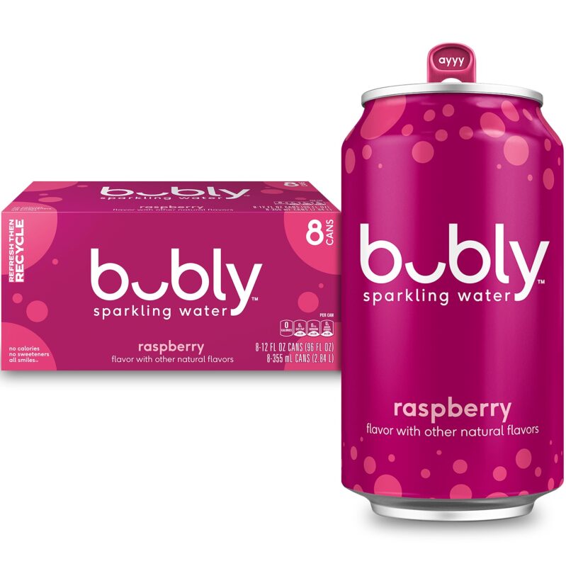 8-Pack Bubly Sparkling Water, Raspberry, 12oz Cans - Refreshing & Healthy Choice
