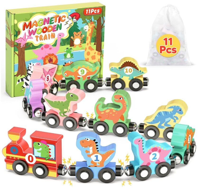 11-Piece Magnetic Wooden Dinosaur Train Set for Toddlers - Perfect Holiday Gift