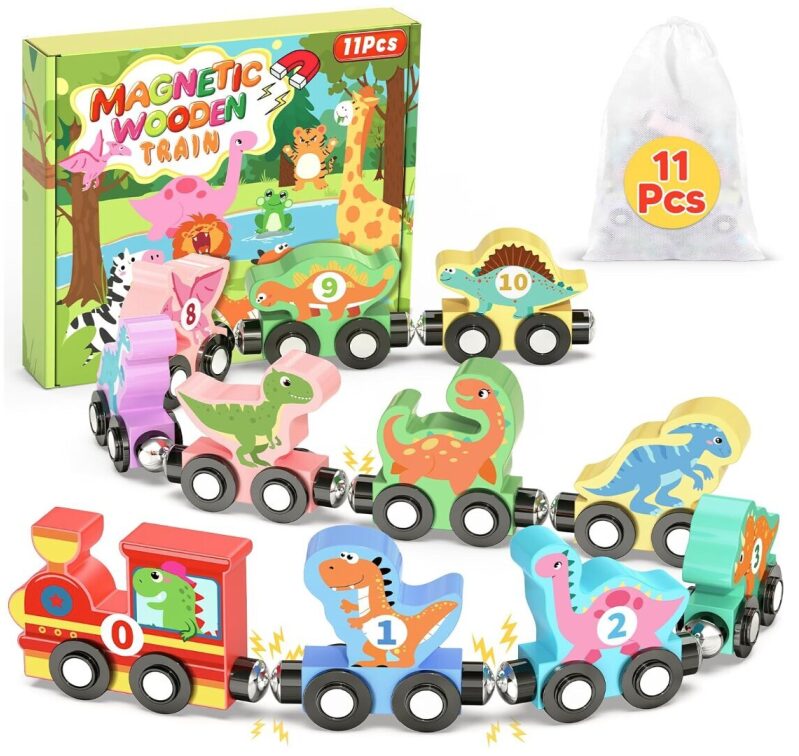 11-Piece Magnetic Wooden Dinosaur Train Set for Toddlers - Perfect Holiday Gift