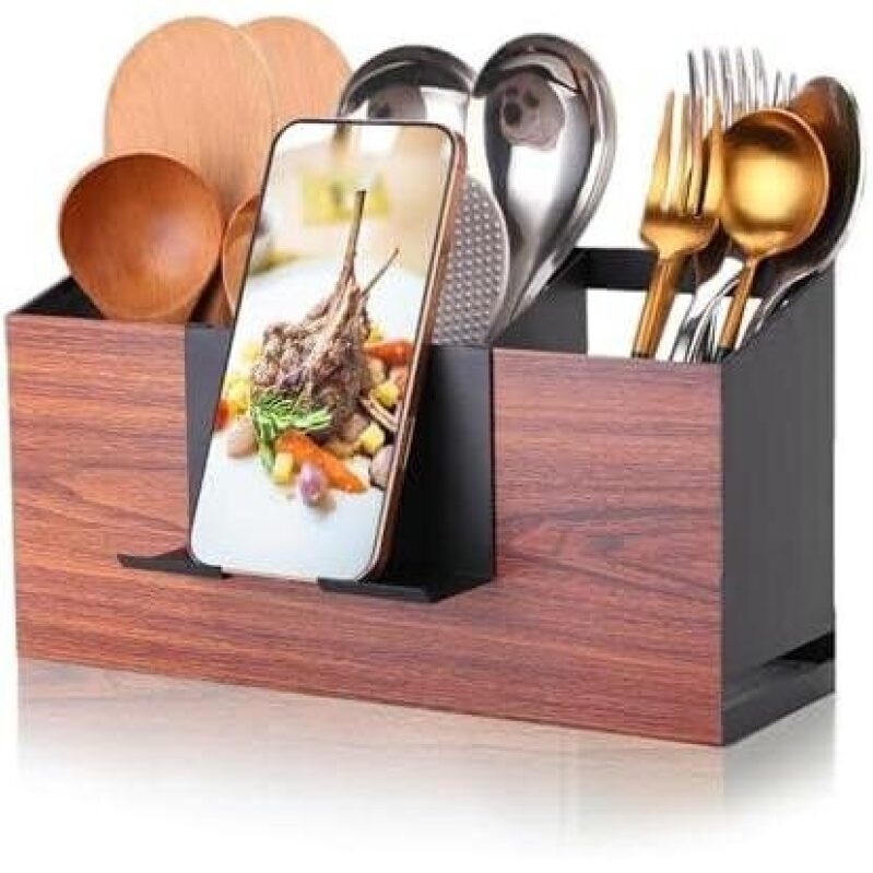 Aesthetic Wooden Utensil Organizer with Phone Stand - 50% Discount