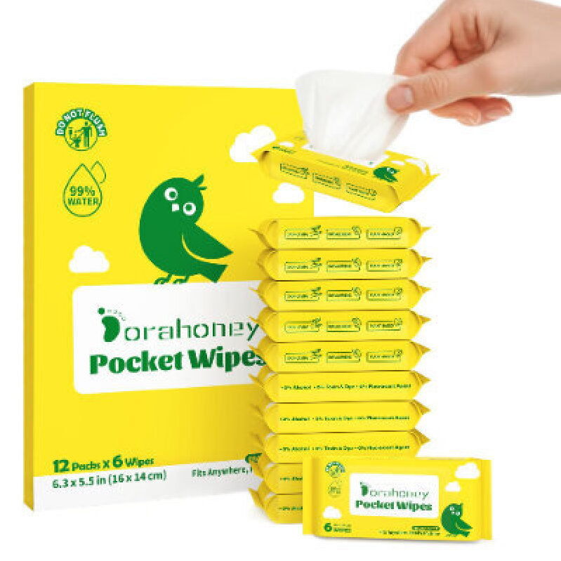 Dorahoney Unscented Pocket Wipes - 12 Packs of 6 Sheets Each, Total 72 Sheets