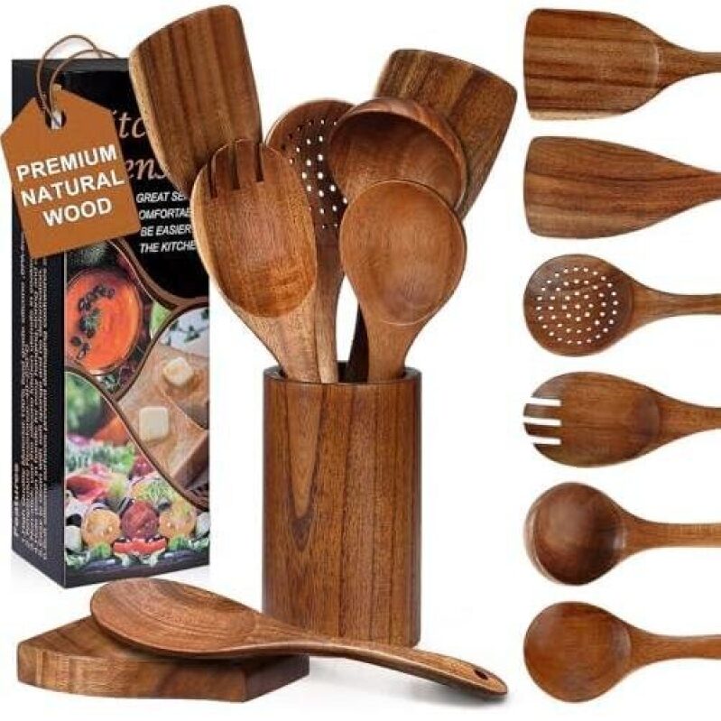 Natural Wooden Kitchen Utensils Set - 8 Pieces