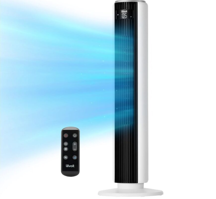 LEVOIT 36-Inch Bladeless Tower Fan - 25ft/s Wind Speed, 90° Angle, 12-Hour Timer
