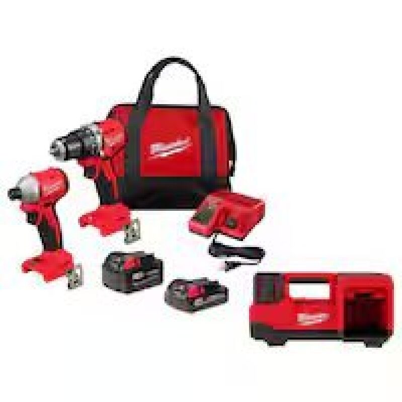 Milwaukee M18 18V Cordless Hammer Drill/Impact Combo Kit w/2 Batteries & Inflator