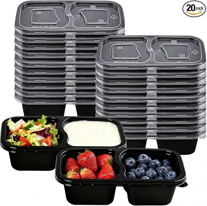 ZenQeek Reusable Snack Containers with Lids - 20PCS Double Compartment Condiment Containers for Snack Prep, Portion Control, Lunches Picnics Parties, Microwave & Dishwasher Safe 6.76oz (BLACK)