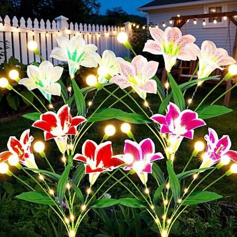 4 Pack Solar Firefly Lights with Lily Flower and Glowing Stem - Perfect for Garden Decor