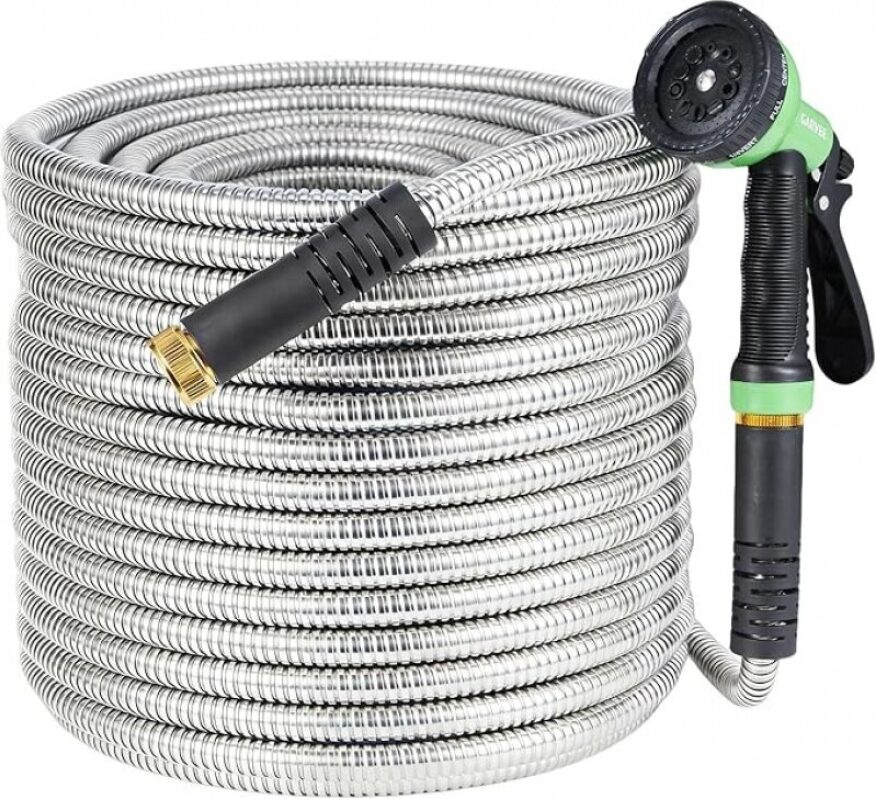 Heavy-Duty 150 ft Stainless Steel Garden Hose with 10-Function Spray Nozzle