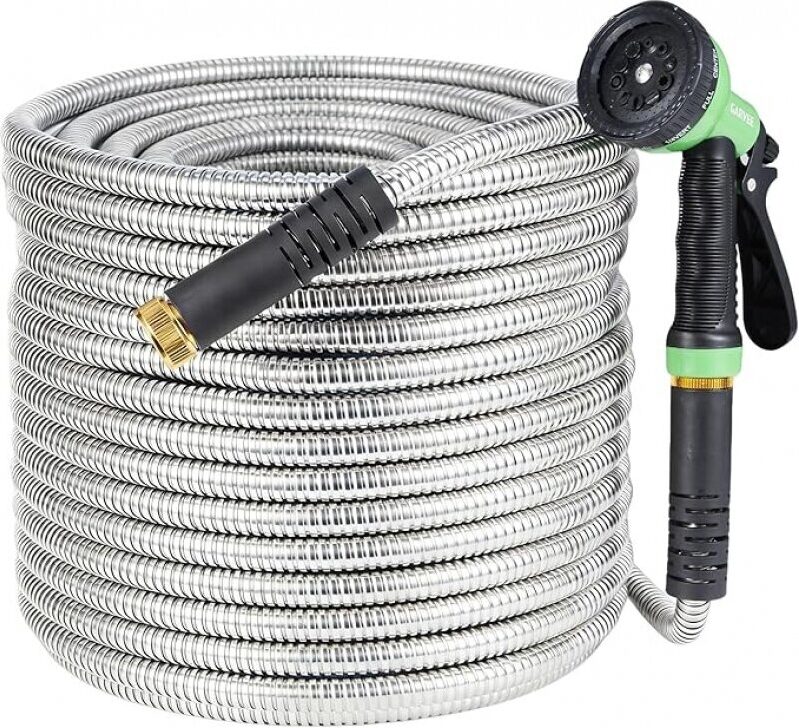 Heavy-Duty 150 ft Stainless Steel Garden Hose with 10-Function Spray Nozzle