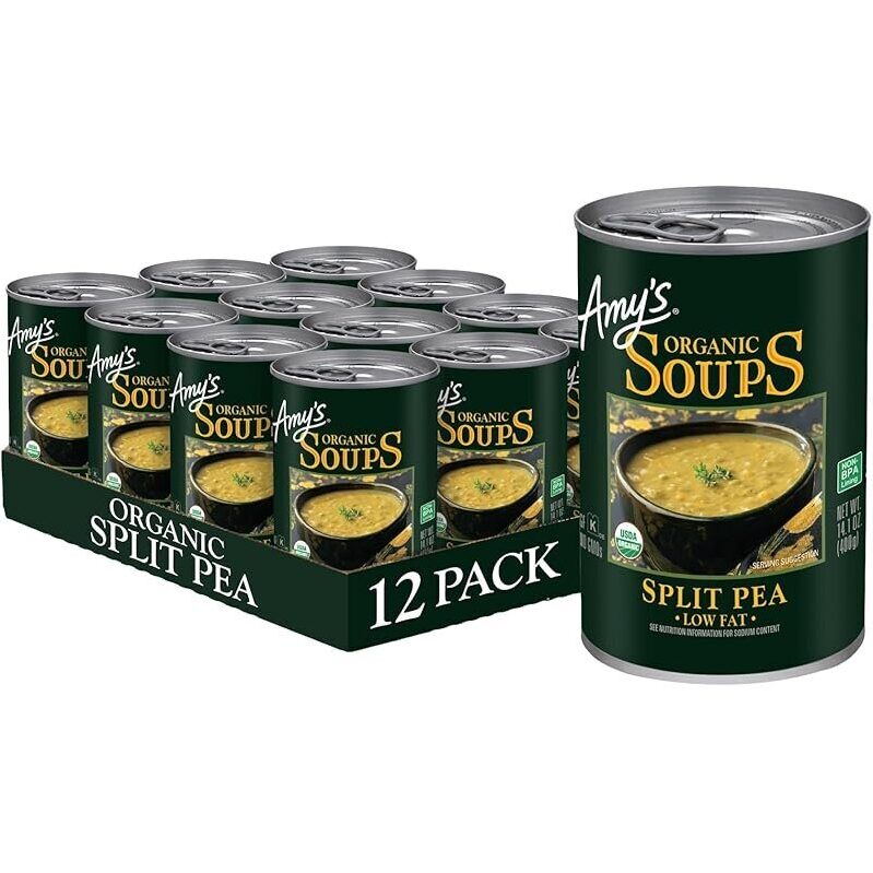 12-Pack Amy's Organic Split Pea Soup Canned Soups - Vegan, Organic, Low Fat